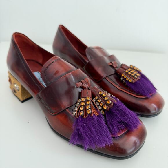 Prada Penny Loafers Shoes Womens 35.5 EU Leather Embellished Heeled Fur Tasseled - Picture 2 of 16